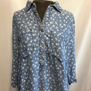 Denim Blouse with White Floral Pattern